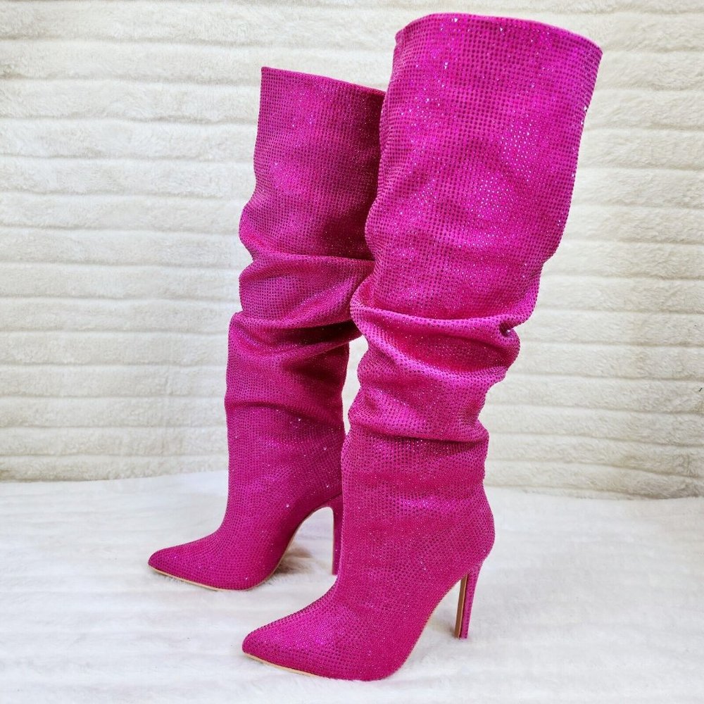Radiant Pink Rhinestone High Heel Slouch Knee High Boots - 5.5